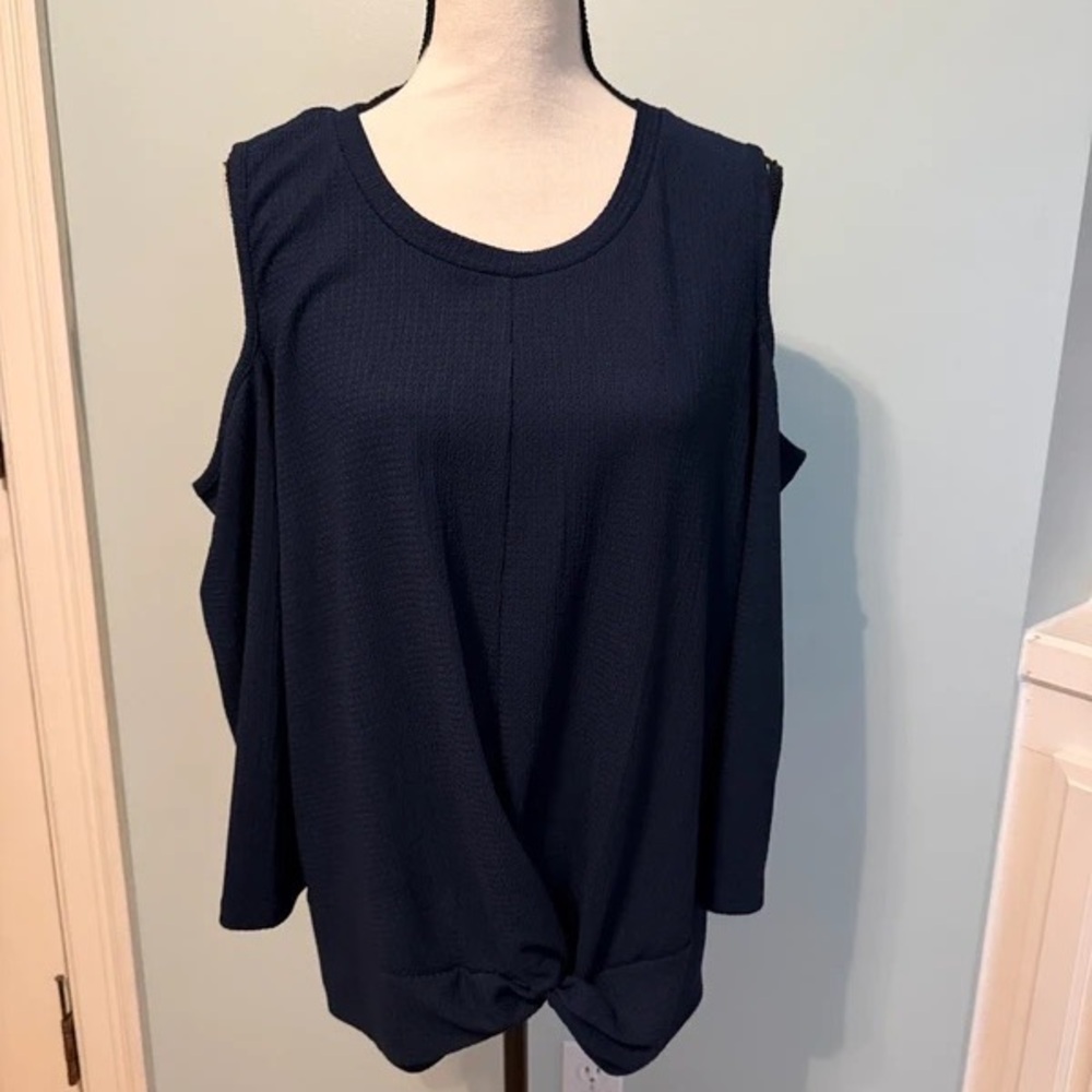 Michael Kors Navy Cold-Shoulder Long Sleeve Twist Hem Top